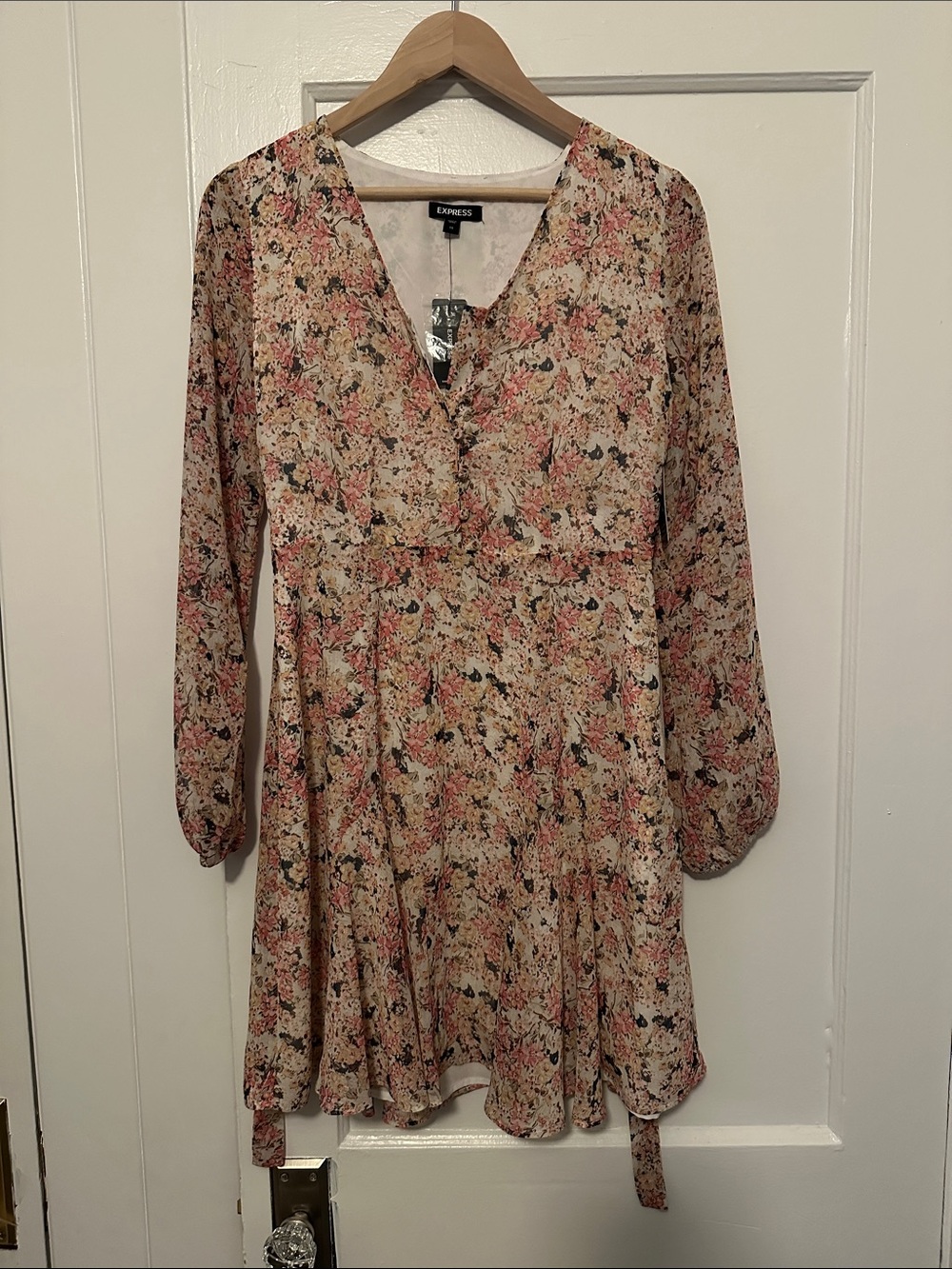 Express Cream Pink Multi Floral V-Neck Long Sleeve Dress